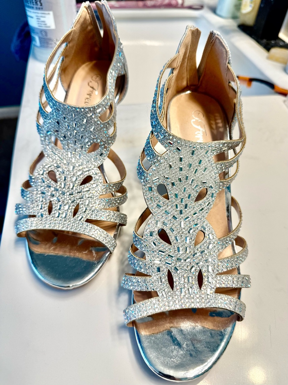 Sparkling Silver Cutout Strappy Heels